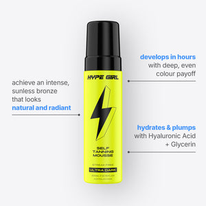 Hype Girl self-tanning mousse bottle with text on a white background